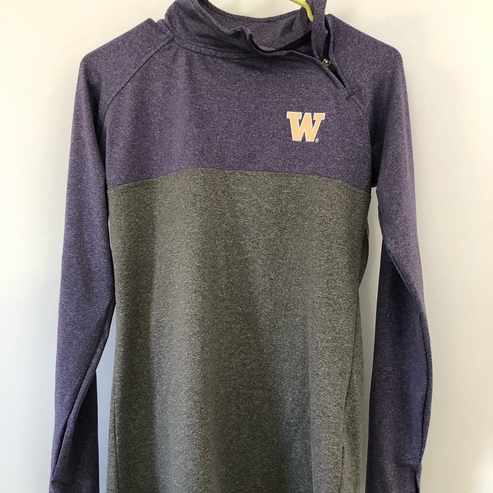 grey and purple partial zip-up sweatshirt
